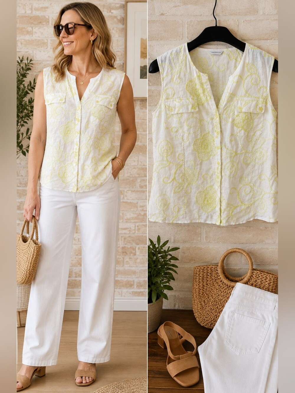Windsmoor Embroidered White Yellow Sleeveless Blouse Cotton Feel S/M
